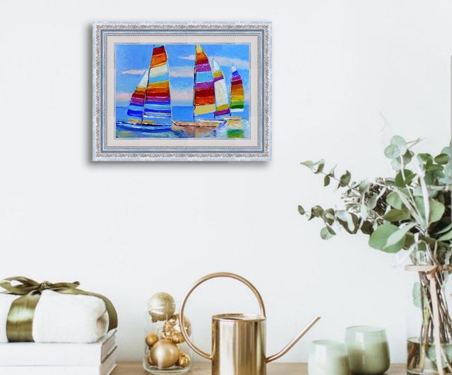 ヨットの油絵、オリジナルの壁アート、海辺の風景アートワーク