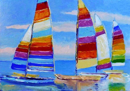 油彩　油絵　絵画　オブジェ　海辺　ヨット　雑貨 ヨットの油絵、オリジナルの壁アート、海辺の風景アートワーク
