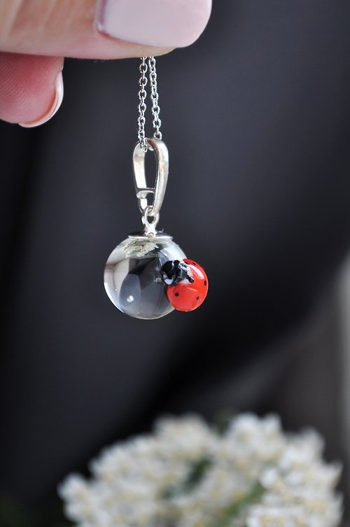 Toutberry Ladybug pendant Water drop Beetle charm Insect jewelry Nature lover gift