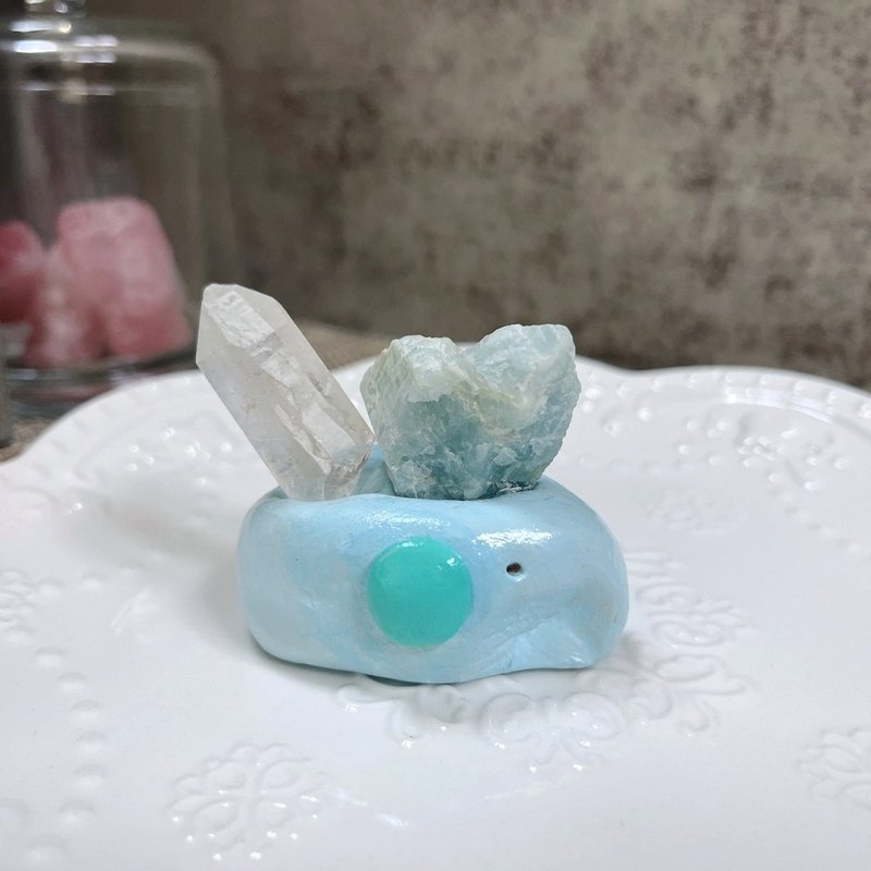 海藍寶原礦 白水晶柱原礦 小擺件 手作陶土小象底座 - 擺飾/家飾品 - 半寶石 