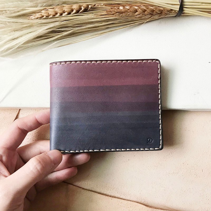 Leather Short Clip│6 Card Layers│Raspberry Gradient Gray Blue - Wallets - Genuine Leather Red