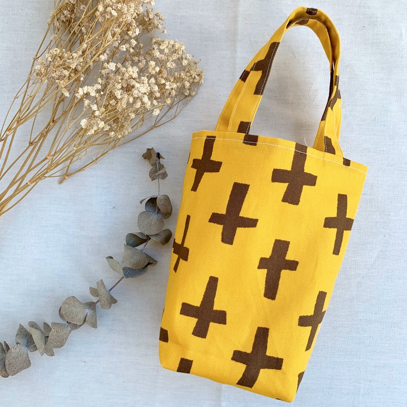 イエロークロス-環境ウォーターボトルバッグ|ハイボハンドメイド - ドリンク・カップホルダー - コットン・麻 イエロー