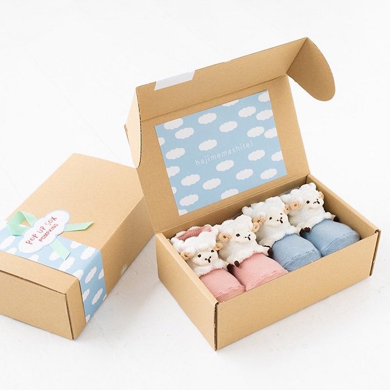 棉．麻 彌月禮盒 粉紅色 - 1212252P 2-Pair Set Gift Box POP UP SOX Gift Box Set Sheep Sheep Made in Japan Sax Blue/Pink