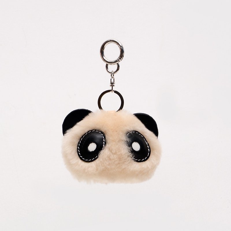 JulyChagall Wool Fur Handmade Plush Panda Bag Pendant Keychain - Keychains - Genuine Leather White
