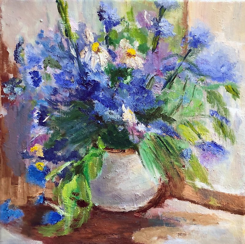 油畫原作 Cornflowers Daisies Painting Oil on Canvas /  花畫  / 家居裝飾 Impressionism - โปสเตอร์ - ผ้าฝ้าย/ผ้าลินิน 