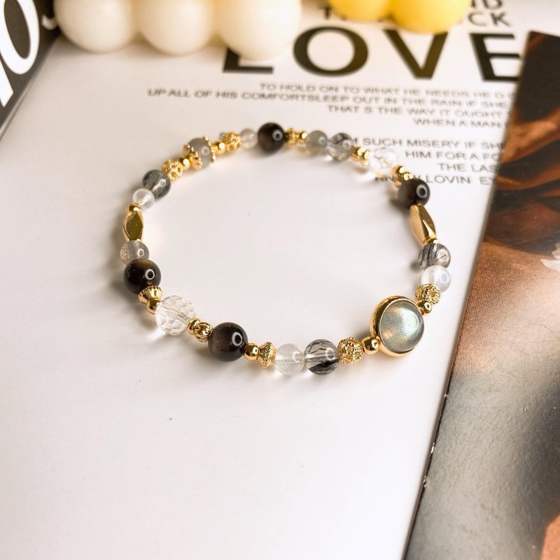 Light in the Clouds Black Hair Crystal Gray Moonlight Silver Obsidian Stone Natural Stone Elastic Bracelet Bracelet - สร้อยข้อมือ - คริสตัล สีดำ