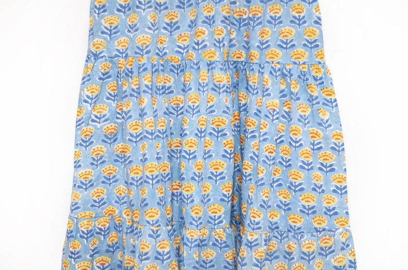 Woodblock printed cotton skirt Indian cotton stamped cake skirt hand stamped woodblock printed long skirt - yellow flowers - กระโปรง - ผ้าฝ้าย/ผ้าลินิน หลากหลายสี