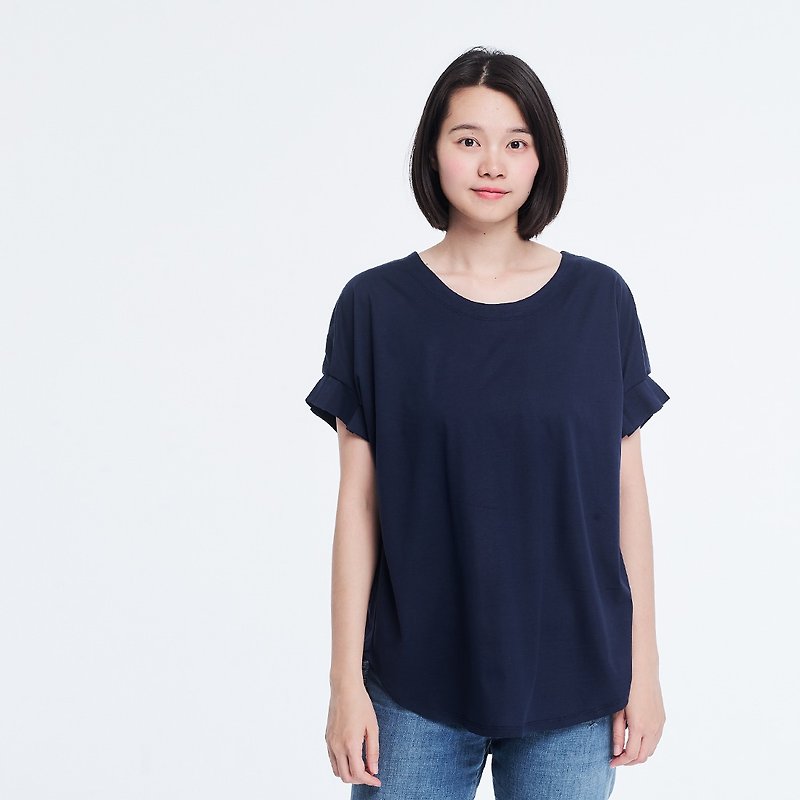 山珠光棉車褶袖TEE/深藍 - T 恤 - 棉．麻 藍色