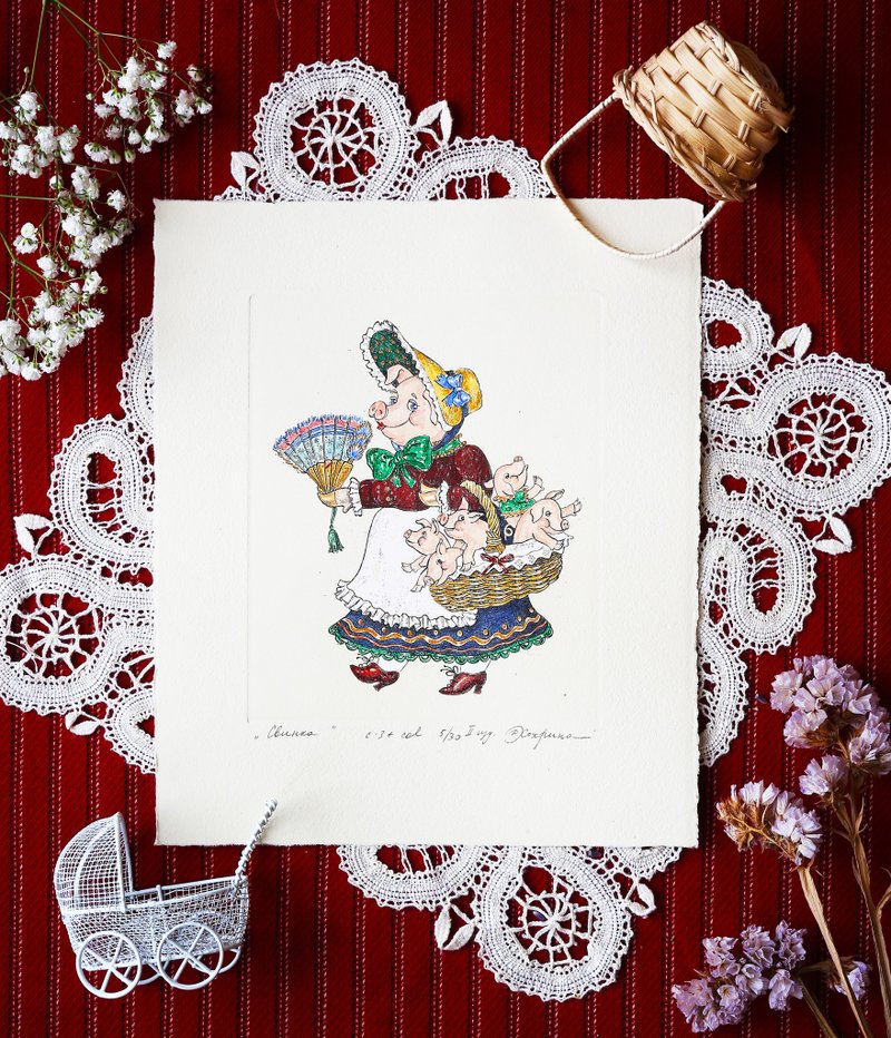 小姐豬蝕刻版畫，童話插圖，復古風格卡片，水彩 - 海報/掛畫 - 紙 多色