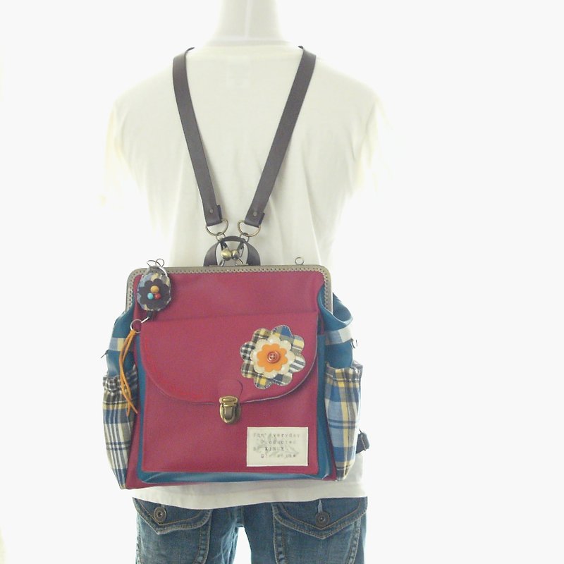 3 WAY Right zipper compact backpack Full set check Flower red × blue green - Backpacks - Genuine Leather Red