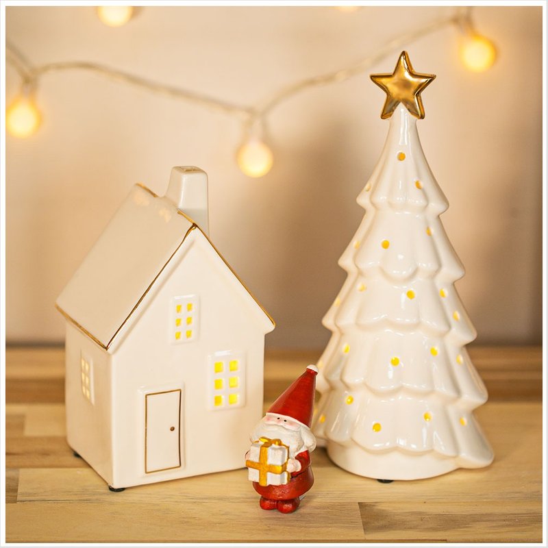 [Devalier] Christmas Gift Tabletop Christmas Tree Ornament Santa Claus Ceramic Glowing Christmas Figurine Gift Object was15 - Items for Display - Pottery White