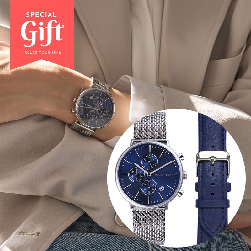 [Free original strap] RELAX TIME Nordic Chronograph Simple Watch-Blue (RT-85-2) - Men's & Unisex Watches - Stainless Steel Blue