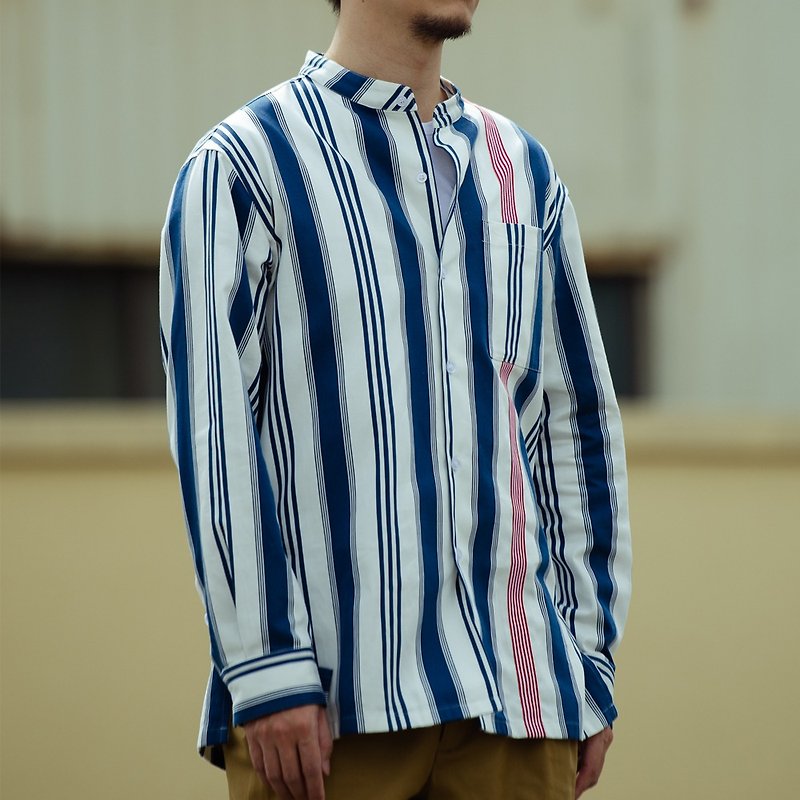 Blue and White Straight Stripe Stand Collar Oxford Shirt - Men's Shirts - Cotton & Hemp Blue