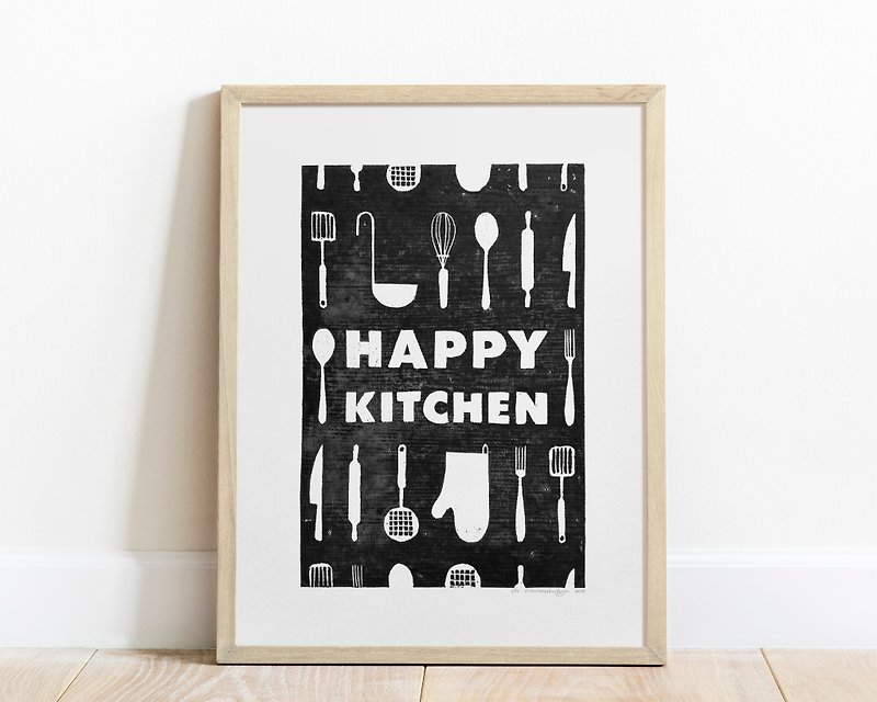 Black utensils pattern Happy kitchen sign Linocut print Kitchen wall art decor - 海報/掛畫/掛布 - 紙 黑色