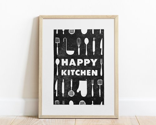 daashart Black utensils pattern Happy kitchen sign Linocut print Kitchen wall art decor