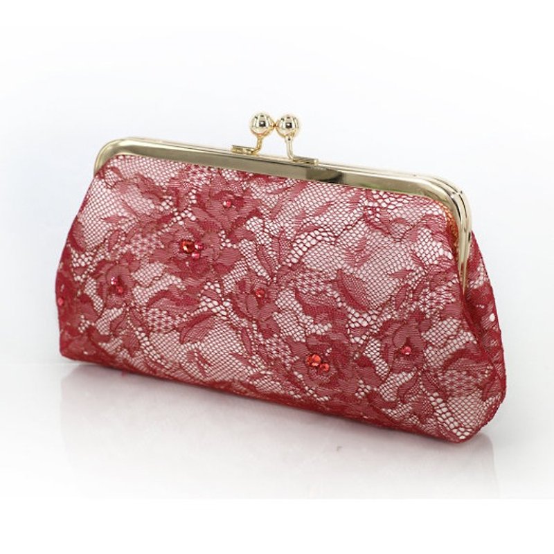 Handmade Clutch Bag in Burgundy & Gold | Gift for mom, bridesmaids | Floral Lace Swarovski crystals - กระเป๋าคลัทช์ - ผ้าไหม สีแดง