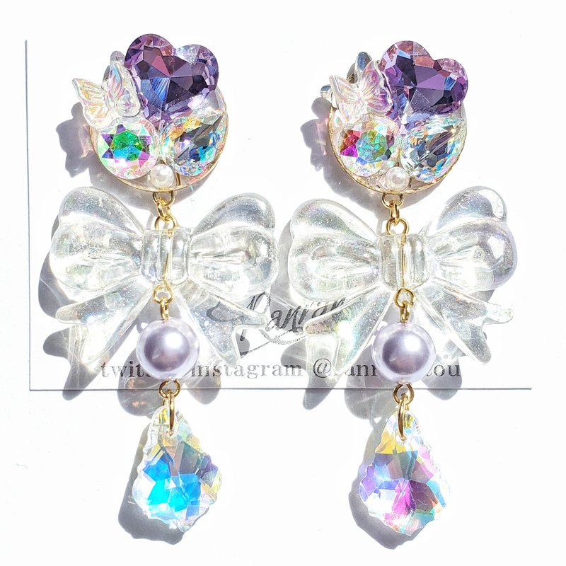 pierced Clip-On aurora clear ribbon - ต่างหู - เรซิน สีม่วง