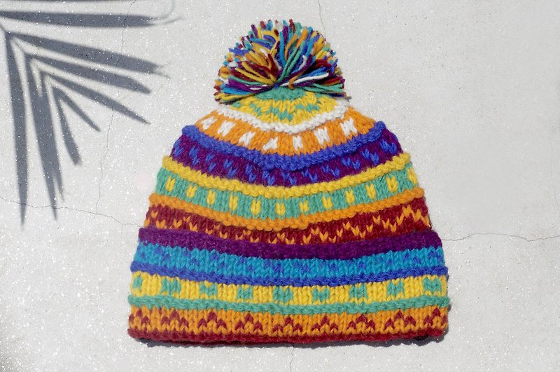 Christmas gift limited one hand-woven pure wool hat / knitted wool hat / inner bristles hand knitted wool hat / woolen hat (made in nepal)-Rainbow Spanish childlike color mixed color gradient ethnic stripes - Hats & Caps - Wool Multicolor