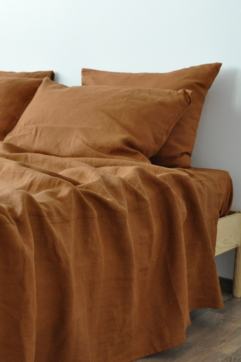 Cinnamon linen sheet set / Flat+fitted sheet+2 pillowcases / Brown bedding - เครื่องนอน - ลินิน สีนำ้ตาล