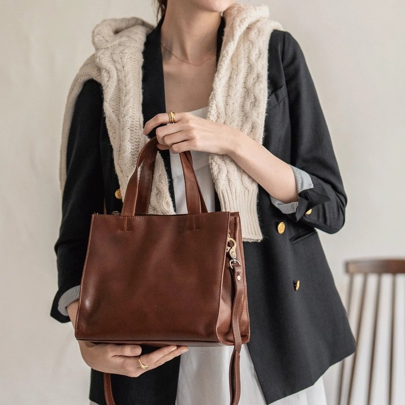 Giocare Shoulder Bag 2way Bag Italian Leather Tote Bag Mini Bag Lunch Bag Handbag Brown HAB017 - กระเป๋าแมสเซนเจอร์ - หนังแท้ สีนำ้ตาล