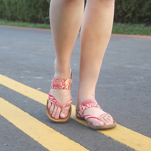 Alina 健康鞋 【京都の風景 紅斑馬】日式舒活/彈力萊卡布料 真皮軟木氣墊鞋