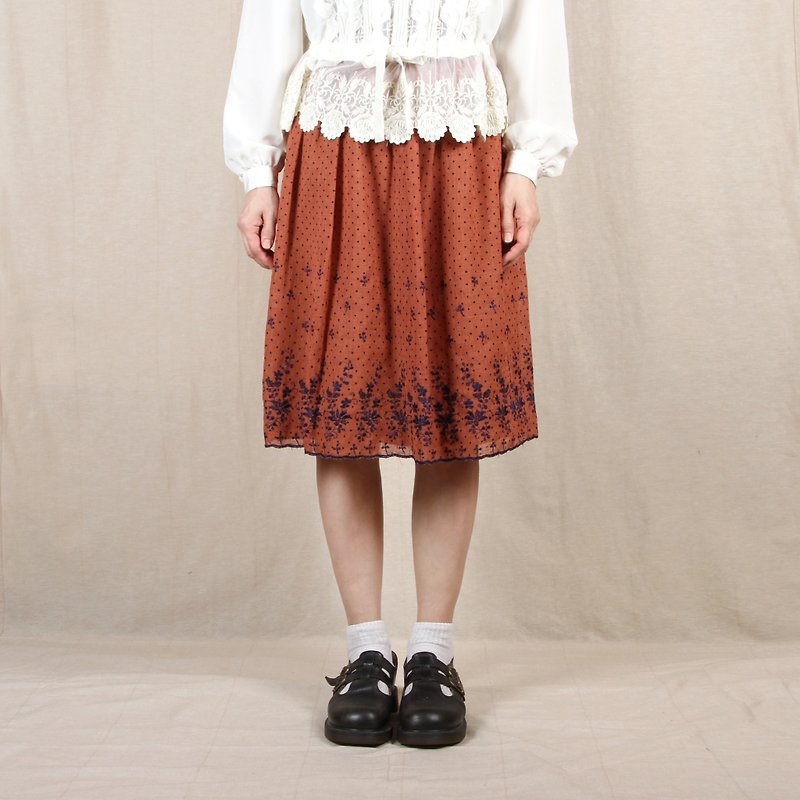 [Eggs] vermilion sunset plant vintage embroidery vintage dress - Skirts - Polyester Orange