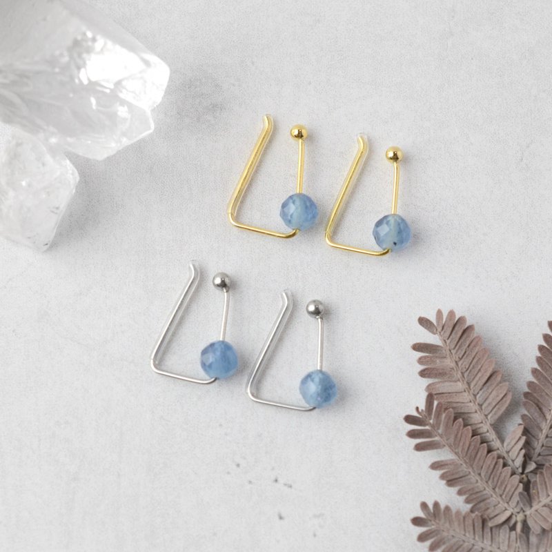 Aquamarine clip Clip-On stainless Stainless Steel 2ways ear cuff invitation birthday present - ต่างหู - เครื่องเพชรพลอย สีน้ำเงิน