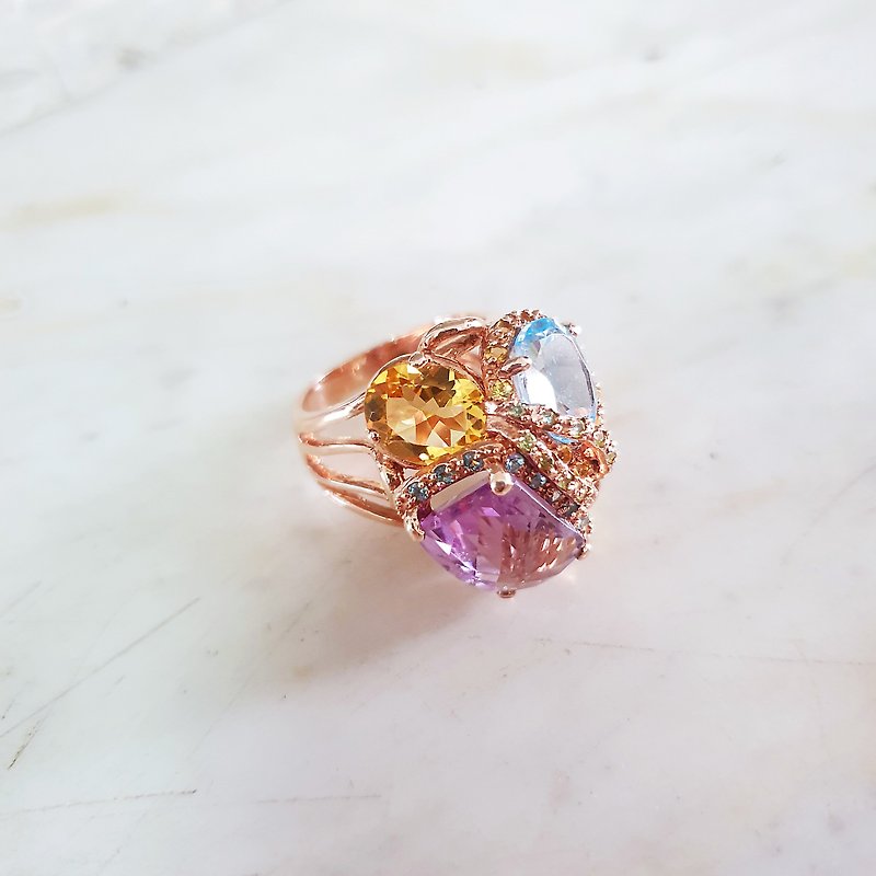 silver ring  fancy gemstone amethyst  aquamarine citrine 18k pink plated - 戒指 - 純銀 