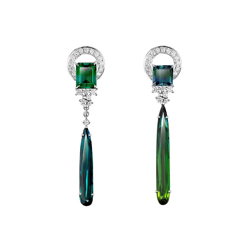 Cocktail D'amour/ Teal green tourmaline/diamond/18K earrings - ต่างหู - เครื่องเพชรพลอย สีเขียว