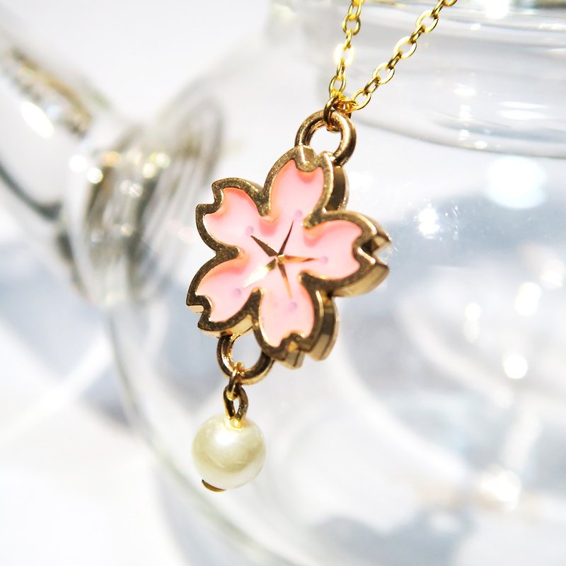 Limited Edition hand-painted mini cherry pearl necklace Sakura Collection - สร้อยคอ - โลหะ สึชมพู
