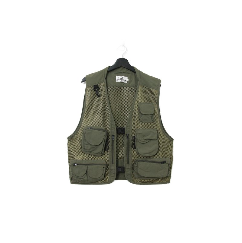 Back to Green-經典釣魚背心 軍綠網格 多口袋 v-08/vintage vest - 男背心 - 棉．麻 