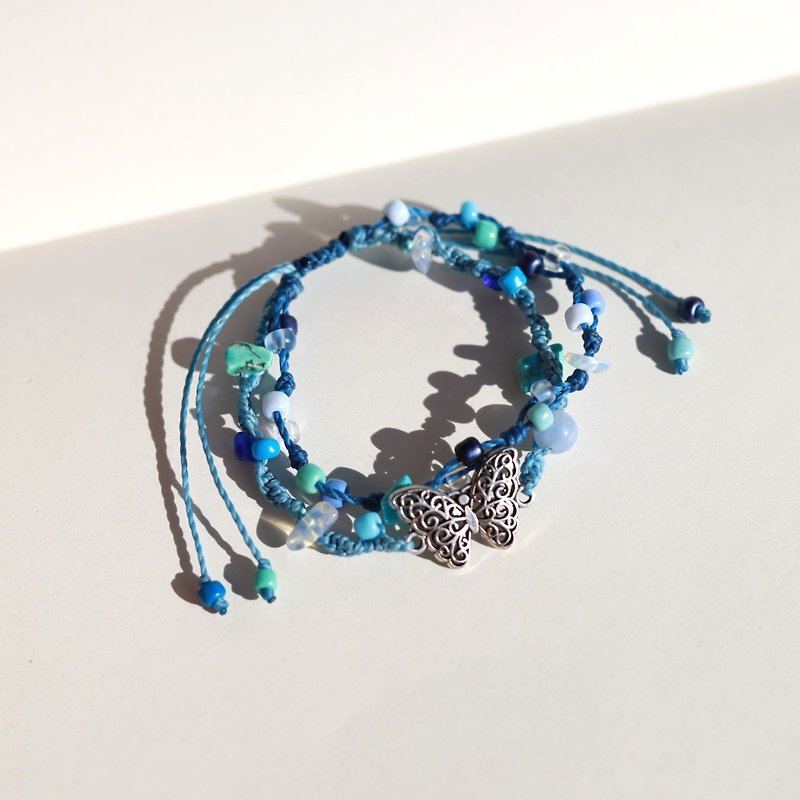 Blue butterfly natural stone woven waxed cord double layered bracelet - 手鍊/手鐲 - 繡線 藍色