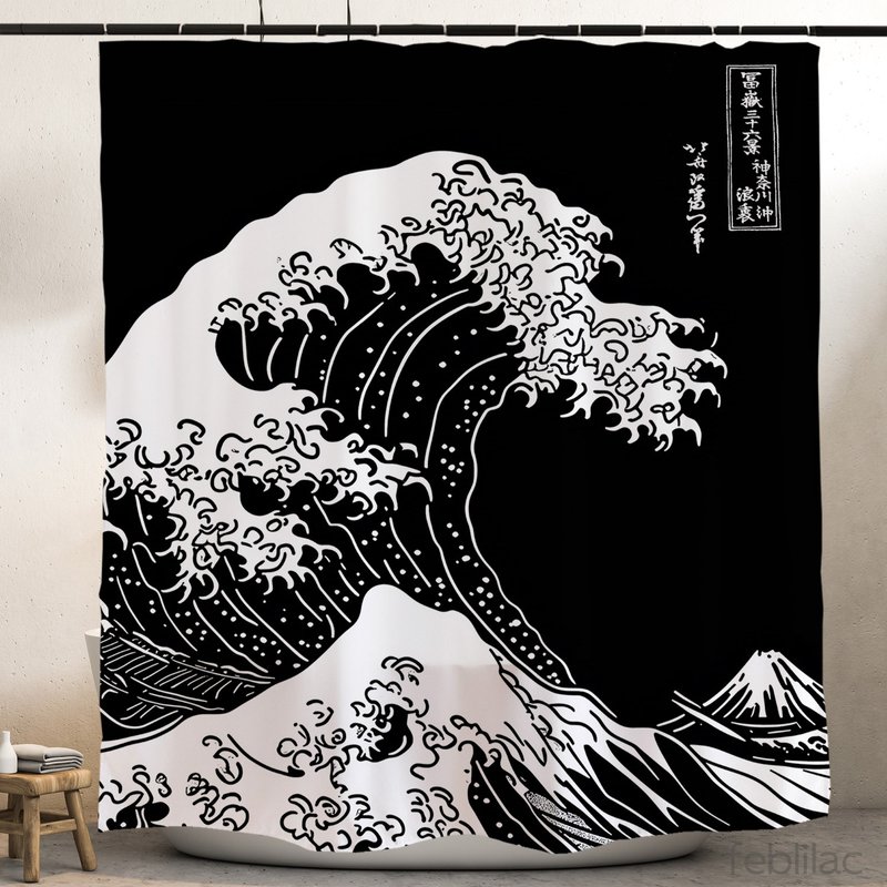 大海浪黑色浴室浴簾衛生間乾濕分離防水布簾免打孔套裝淋浴隔斷 - 衛浴用品/浴室收納 - 聚酯纖維 黑色