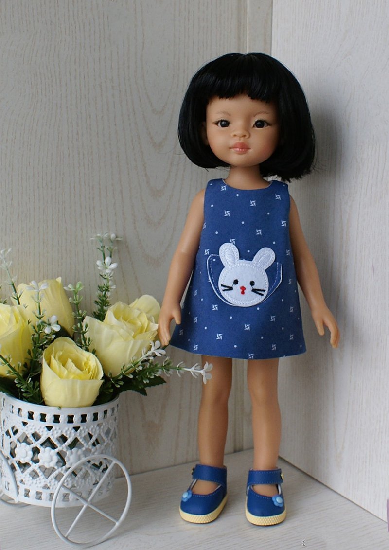 Paola Reina blue denim dress, dress with bunny for Las Amigas 32 cm 13in doll - Stuffed Dolls & Figurines - Cotton & Hemp Blue