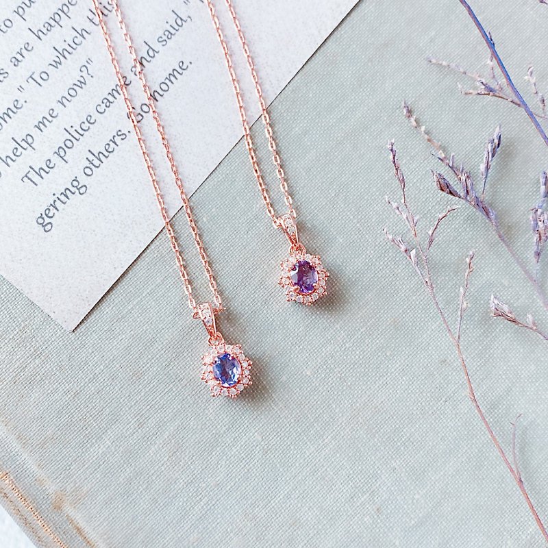 High Quality - Stone- Amethyst - Stone Sterling Rose Gold Plated Necklace 4x5mm - Necklace - Birthstone - สร้อยคอ - คริสตัล สีม่วง