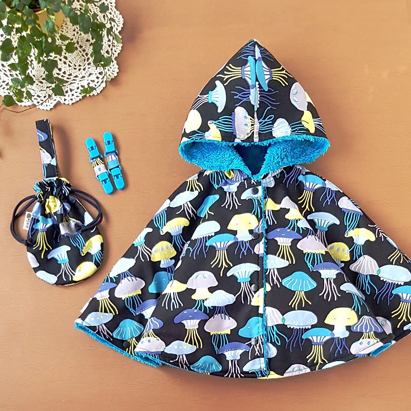 Japanese cotton jellyfish baby handmade cloak warm plush double-sided wear double-headed clip can be used as a shawl hood - Coats - Cotton & Hemp Blue