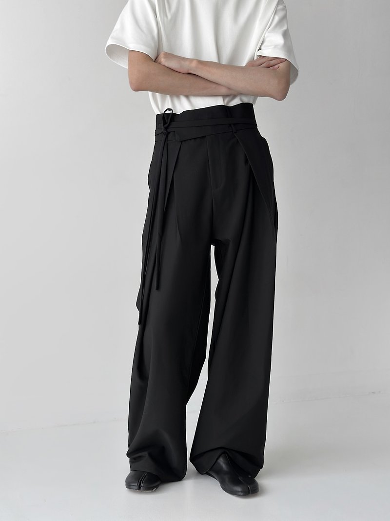 French minimalist relaxed casual floor-length straight pants - กางเกงขายาว - วัสดุอื่นๆ สีดำ