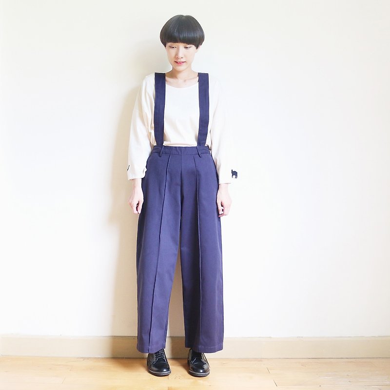 2WAY suspenders wide pants : navy - 女長褲 - 棉．麻 藍色
