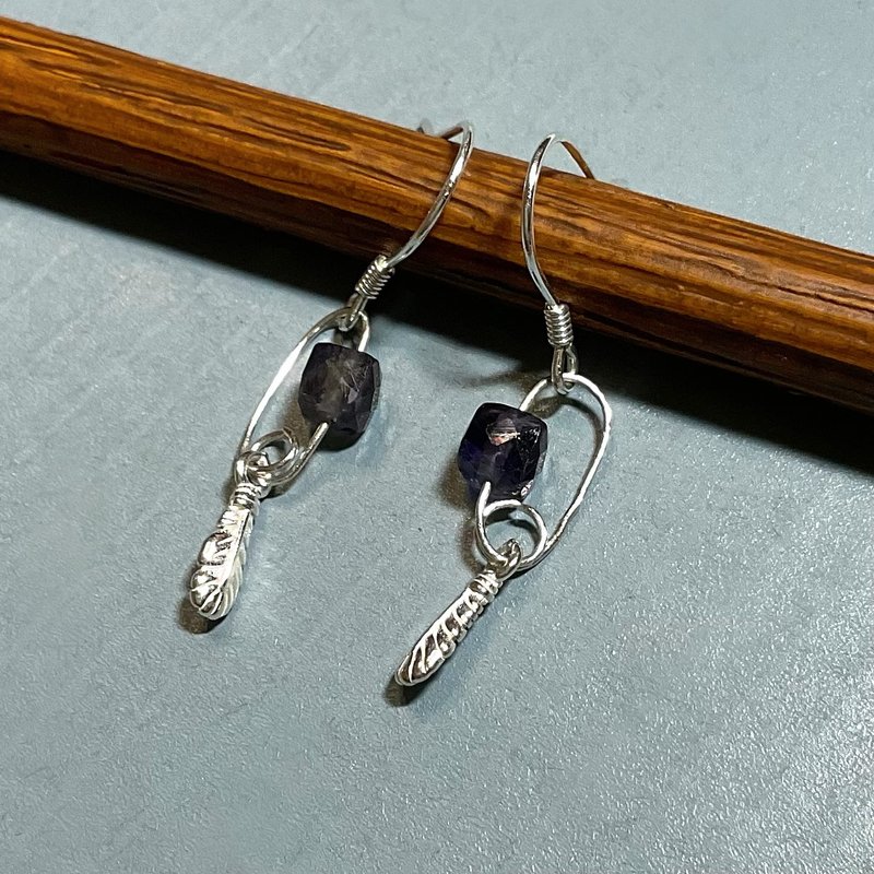 Feather of the Goddess: Muses | Natural mineral crystal cordierite sterling silver ear hook earrings - ต่างหู - คริสตัล สีม่วง