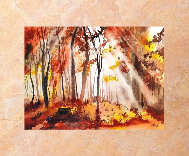 秋の森の風景画 オリジナル水彩画 19.5 x 27 cm - ショップ