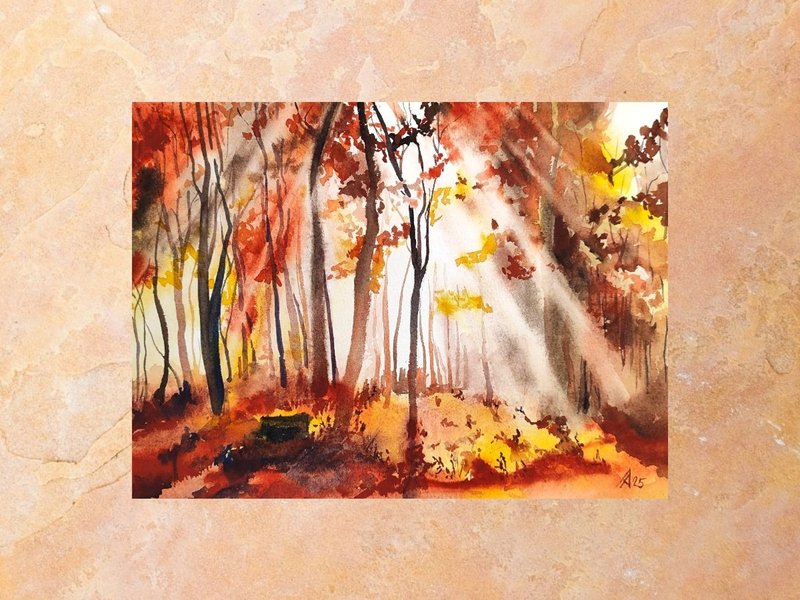 Autumn forest landscape painting original watercolor artwork 19.5 by 27 cm - Posters - Paper Orange