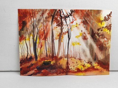秋の森の風景画 オリジナル水彩画 19.5 x 27 cm - ショップ