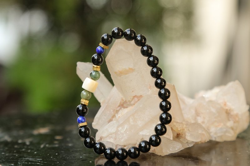 【Series of Bracelet】6.3mm Black agate bracelet with Mammoth ivory - Bracelets - Gemstone Multicolor