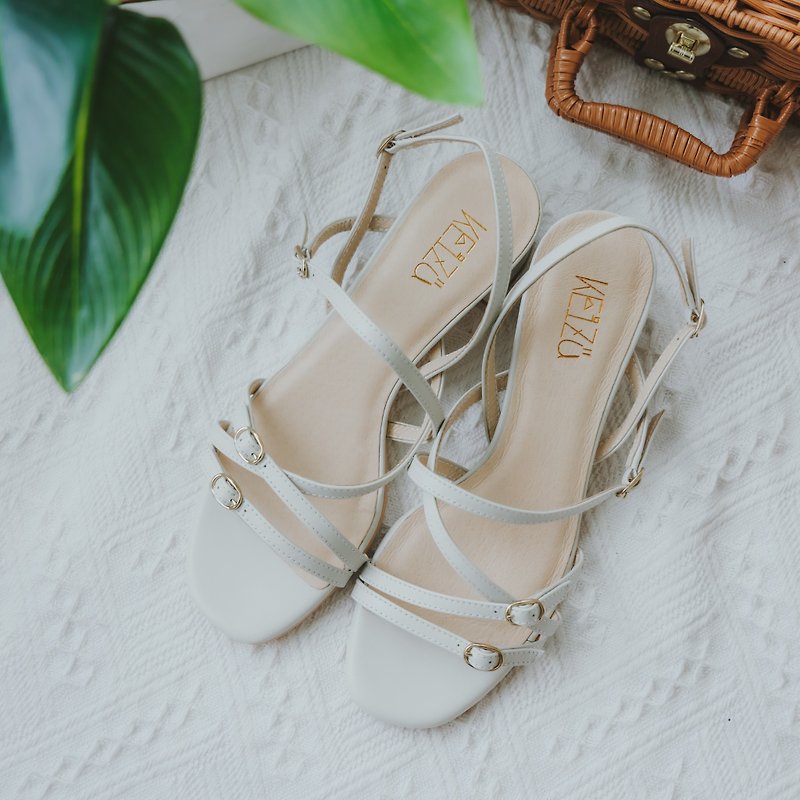 [Out of print offer] Sweet and elegant 4cm high-heeled thin strap sandals | Off-white | Taiwanese handmade shoes MI - Sandals - Genuine Leather White