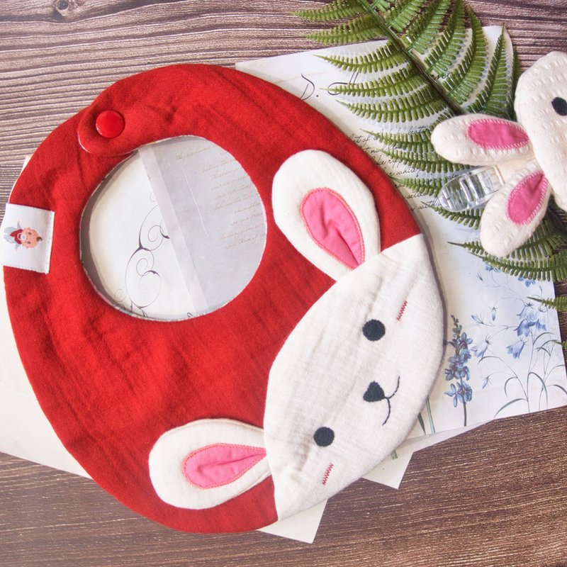 Handmade bib bunny shape bib scarf customized embroidery gift full moon full moon gift box - ผ้ากันเปื้อน - ผ้าฝ้าย/ผ้าลินิน สีแดง