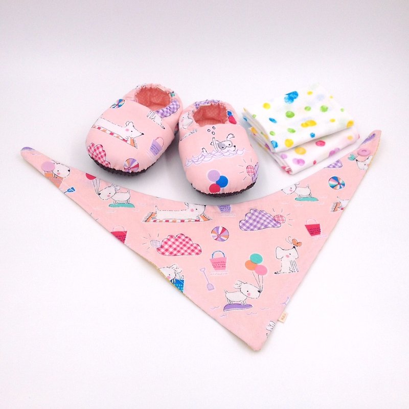 歐美粉狗-彌月寶寶禮盒(學步鞋/寶寶鞋/嬰兒鞋+2手帕+領巾) - 滿月禮物 - 棉．麻 粉紅色