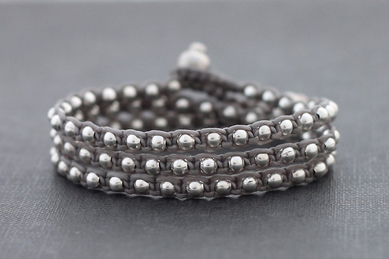 Grey Silver Cotton Waxed Cord Beaded Wrap Men Unisex Bracelets  - สร้อยข้อมือ - โลหะ สีเทา