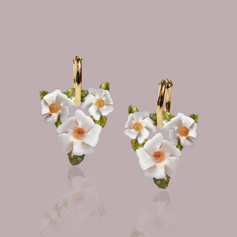 Enchanting Camellia Earrings Hoops - Earrings & Clip-ons - Enamel White
