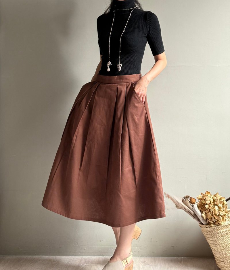 瓦倫西亞之舞/紅土色純棉壓摺中長裙/圓裙100%棉 - 裙子/長裙 - 棉．麻 