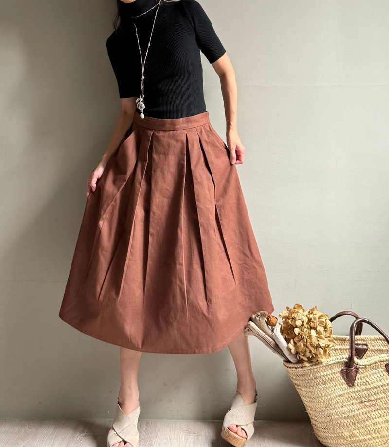 瓦倫西亞之舞/紅土色純棉壓摺中長裙/圓裙100%棉 - 裙子/長裙 - 棉．麻 